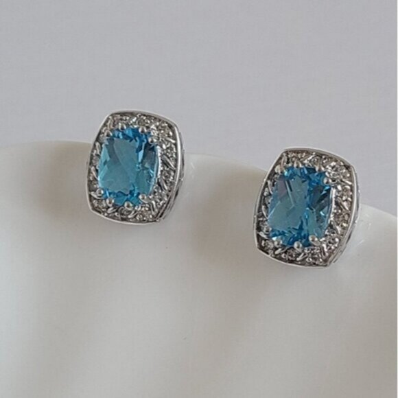 Vintage 14K White Gold Diamond Blue Topaz Square Cushion Cut Halo Stud Earrings - Picture 4 of 12